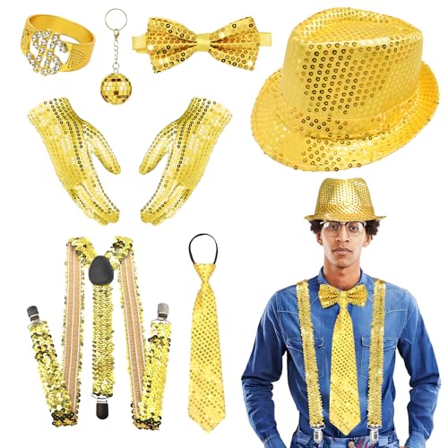 RoserRose 70er 80er Jahre Glitzer Accessoires Herren, Disco Kostüm Mit Pailletten Hut, Hosenträger, Fliege, Krawatte, Pailletten Outfit für Fasching Party RoserRose 70er 80er Jahre Glitzer Accessoires Herren, Disco Kostüm Mit Pailletten Hut, Hosenträger, Fliege, Krawatte, Pailletten Outfit für Fasching Party von RoserRose