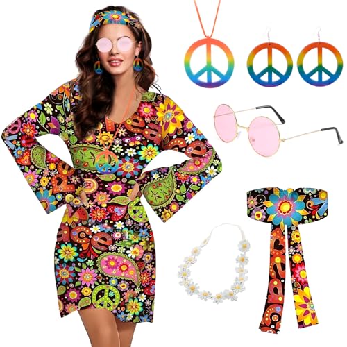 RoserRose 70er Jahre Outfit Damen Hippie Kleidung, Kostüm Mit Kleid, Brille, Haarband, Blumengirlande, Halskette, Ohrringe - Für Karneval, Party, Halloween (Bunt-A, S) von RoserRose