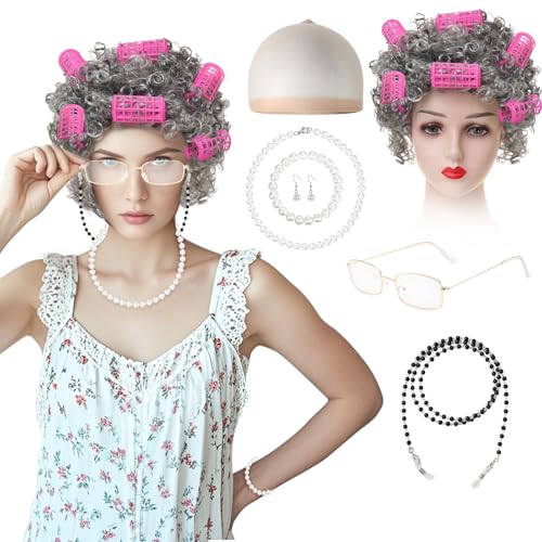 RoserRose 7pcs Old Lady Kostüm Set, Grau, Oma Perücke Mit 6 Rosaroten Lockenwicklern, Brille, Brillenkette, Perücke Kappe Oma, Perlenschmuck, Für Halloween, Karneval, Cosplay von RoserRose