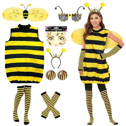 RoserRose Bienen Kostüm Damen, Bienenkostüm Erwachsene Hummel Kostüm, Faschingskostüme Damen Biene, mit Flügeln Haarreif Brille Ohrclip Handschuhe Socken, für Karneval Party Verkleidung (XXL) von RoserRose