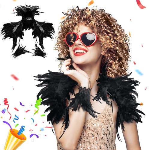 RoserRose Federkragen Schwarz mit Feder Manschetten, Black Swan Kostüm Gothic Federkragen Feder Achselzucken, Raben Kostüm Federumhang Schwarz für Halloween Karneval Maskerade Cosplay RoserRose Federkragen Schwarz mit Feder Manschetten, Black Swan Kostüm Gothic Federkragen Feder Achselzucken, Raben Kostüm Federumhang Schwarz für Halloween Karneval Maskerade Cosplay von RoserRose