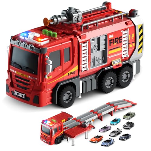 RoserRose Feuerwehrauto Spielzeug - 2-in-1 Transformierbar mit 80cm Rennstrecke, Realistische Sirene & LED-Licht, Reibungsantrieb für Kinder ab 3 Jahren, Robustes ABS Kunststoff von RoserRose