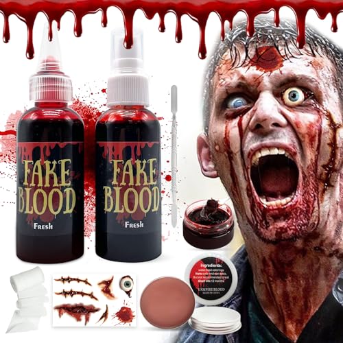RoserRose Kunstblut Halloween 7er Set, Kunstblut für Haut Horror SFX Makeup, Fake Blood Spray Tropfen Dickflüssig Fake Blut Hautwach Schaber Verbandstoff Horroraufkleber für Zombies Vampire Makeup von RoserRose