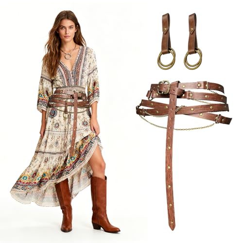 RoserRose Mittelalterlicher Kunstleder-Metallkettengürtel – Mittelalter Gürtel Damen mit Kette, Verstellbarer Mittelalter Accessoires Damen, inkl. Armband & Verschluss, Für Kostüm & Alltag (Braun) von RoserRose