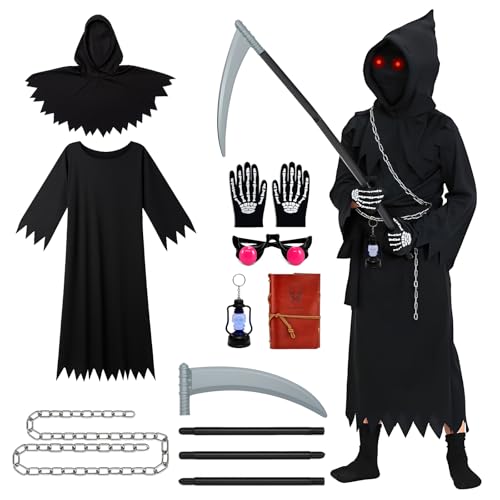 RoserRose Sensenmann Kostüm für Kinder, mit Sense Kette Handschuhen Notizbuch Totenkopfleuchte und leuchtende Brille, Halloween Kostüm Kinder Jungen Sensenmann Set für Cosplay, M von RoserRose