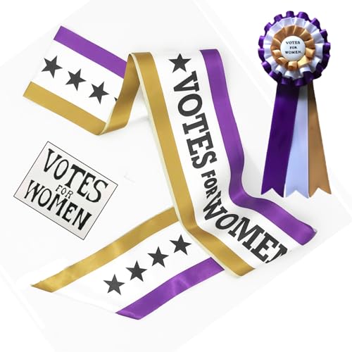 3-teiliges Suffragisten- und Suffragette-Kostüm-Set mit 3-farbiger Schärpe und dreifarbiger Rosette und Stimmen für Frauen Handschild. 3-teiliges Suffragisten- und Suffragette-Kostüm-Set mit 3-farbiger Schärpe und dreifarbiger Rosette und Stimmen für Frauen Handschild. von RosieCentral