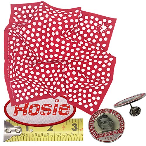 Rosie the Riveter's 3-teiliges Kinderkostüm-Spielset, gepunktetes Bandana, Beschäftigungskragennadel, gewebter Namensaufnäher von RosieCentral