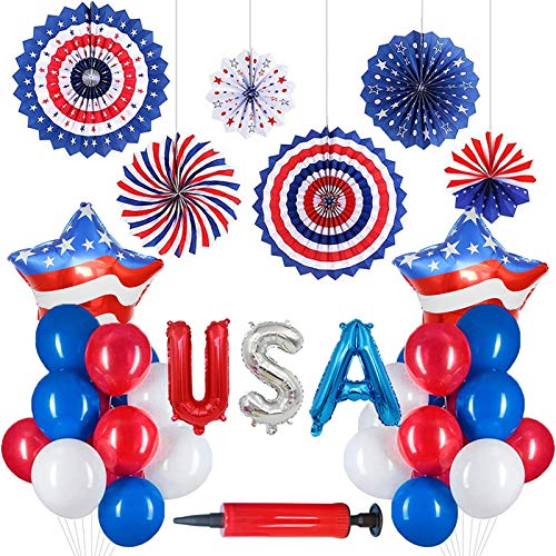 36 Stück USA Party Deko Set | Patriotisches Partyzubehör einschließlich hängender Papierfächer, Luftballons, USA-Sternballons, Amerika Themenparty Dekoration, Zubehör Gedenktag der Independence Day von Rosixehird