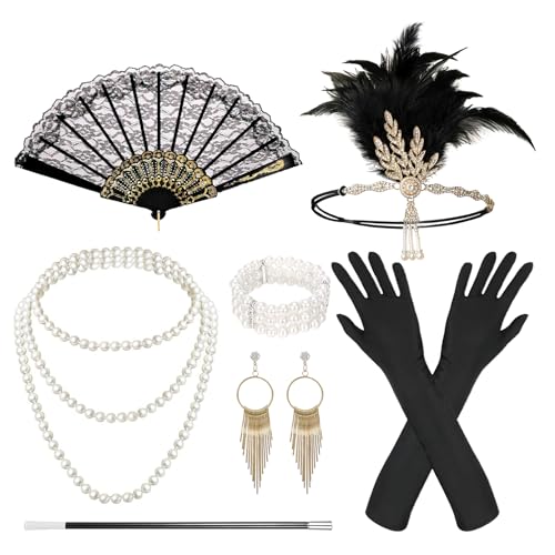 RosyFate 20er Jahre Kostüm Damen, 9 Stück 20er Jahre Accessoires, Gatsby Accessoires Damen mit Kopfbedeckung, Langen Schwarzen Handschuhen, Perlenkette, Ohrringen RosyFate 20er Jahre Kostüm Damen, 9 Stück 20er Jahre Accessoires, Gatsby Accessoires Damen mit Kopfbedeckung, Langen Schwarzen Handschuhen, Perlenkette, Ohrringen von RosyFate