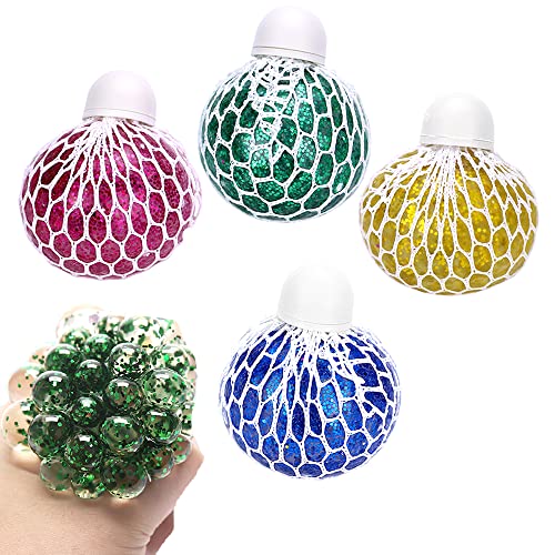 Squeeze Ball mit Netz, RosyFate 4 Stück Squishy Mesh Ball, Quetschball Im Netz Glitzer, Stressball Fidget Toy, Anti Stress Spielzeug, für Kinder und Erwachsene (A) von RosyFate