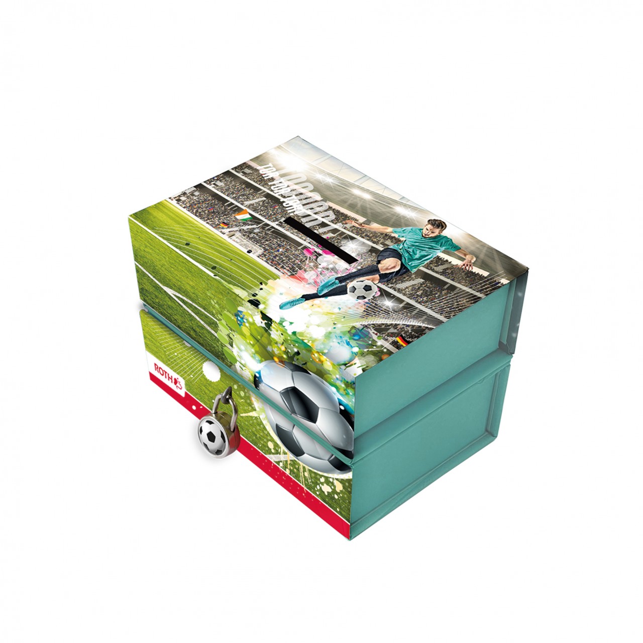 Spardose mit 2 getrennten Boxen, mit Magnet und Vorhängeschloss, Fußballstar von Roth GmbH