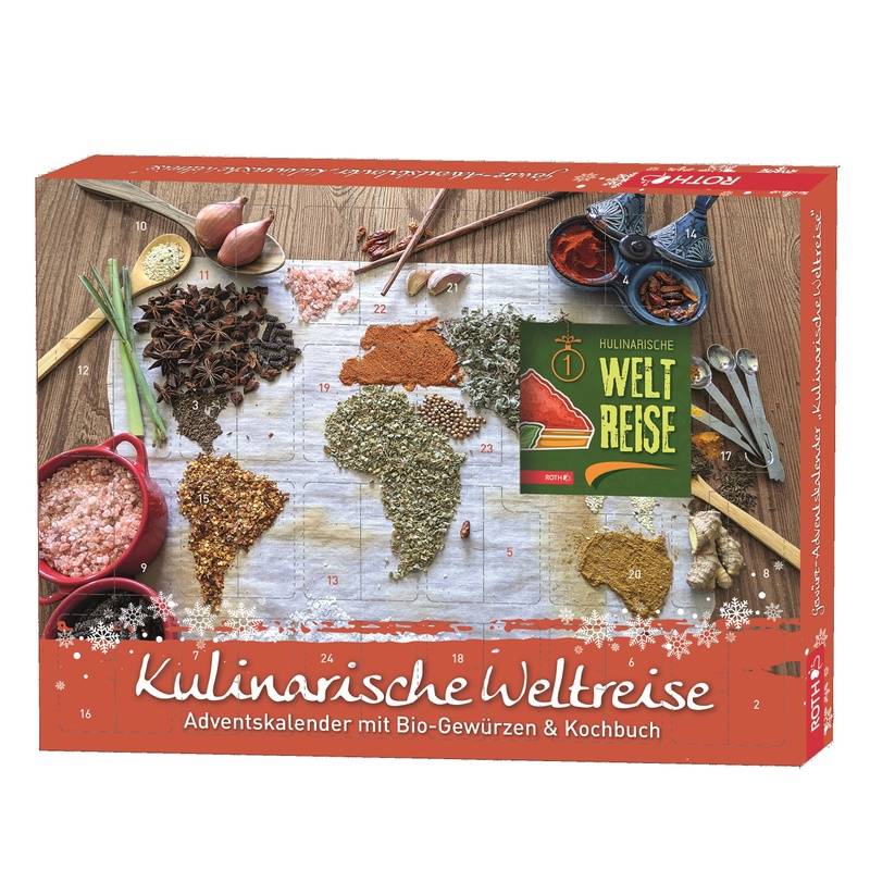 Kulinarische Weltreise Adventskalender mit Bio-Gewürzen (24 x 5g + Kochbuch) von Roth