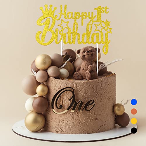 Happy Birthday Tortendeko Geburtstag, Cake Topper Geburtstag, Glitter Cake Topper Happy Birthday, Tortendeko Schwarz, Cupcake Topper für Mädchen Jungen Frauen Mann (Gold - 1. Geburtstag) von Rouclo