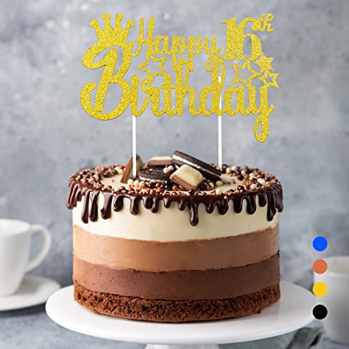 Happy Birthday Tortendeko Geburtstag, Cake Topper Geburtstag, Glitter Cake Topper Happy Birthday, Tortendeko Schwarz, Cupcake Topper für Mädchen Jungen Frauen Mann (Gold - 16. Geburtstag) von Rouclo