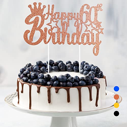 Happy Birthday Tortendeko Geburtstag, Cake Topper Geburtstag, Glitter Cake Topper Happy Birthday, Tortendeko Schwarz, Cupcake Topper für Mädchen Jungen Frauen Mann (Roségold - 60. Geburtstag) von Rouclo
