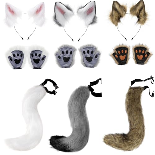 Fox Ohren und Schwanz Therian Pfoten, 3 Pack Faux Fur Therian Ausrüstung, flauschiger lustiger Fuchskostüm erwachsene Frauen für Rollenspiele Party Gras Gelbgelb gelb von Rouloudun