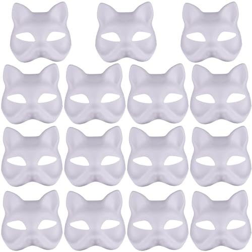 Katzenmaske 15pcs Halbfuchsmaske weiße Therian DIY Lackierbar leere Maskerade -Masken mit elastischen Bandtiergesicht für Holloween, Maskerade -Party, Cosplay Fox von Rouloudun