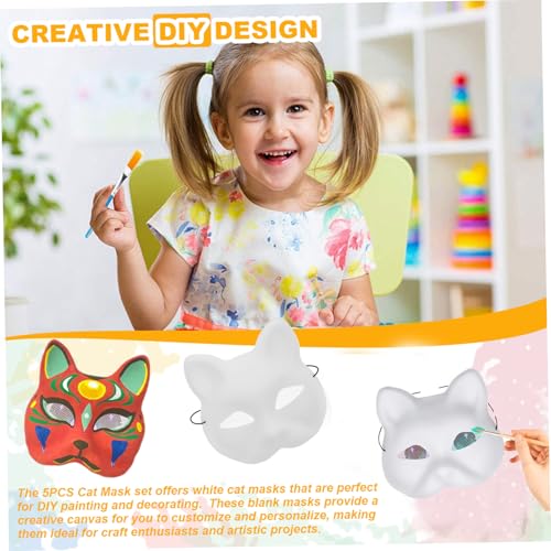 Rouloudun 5pcs Katzenmaske weiße Katzenmasken zum Malen von DIY -Halbbedeckung Therian Maske mit Augennetz ＆ Elastic Band PVC -Tier für Halloween -Cosplay -Party Masquerade von Rouloudun