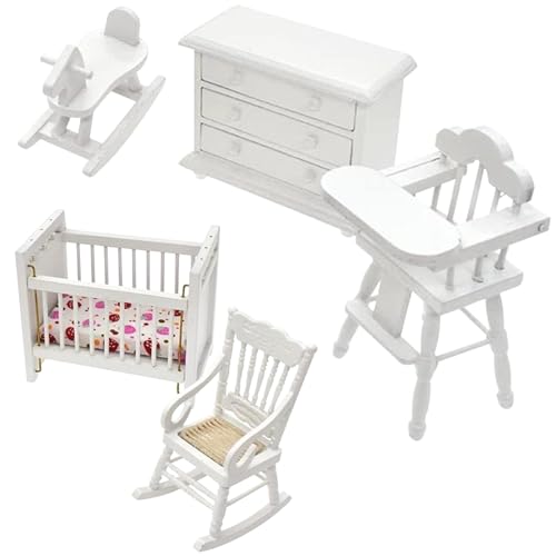 Rouloudun Dollhouse Möbel 1 12 Skala, 5pcs Holzpuppenhausmöbel Set, sichere Babypuppe, Mini -Schlafzimmer 1 12 Skala von Rouloudun