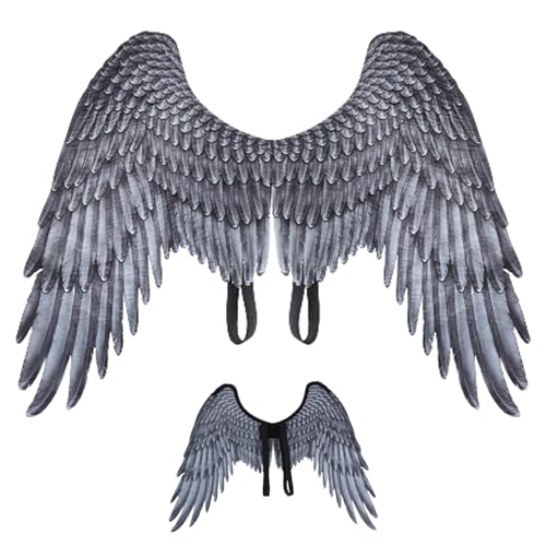 Rouloudun Engelsflügel für Kinder Unisex Freigröße Realistische Halloween Engel Elastic Schultergurt Nicht gewebter Kostüm für Party Cosplay Grau von Rouloudun
