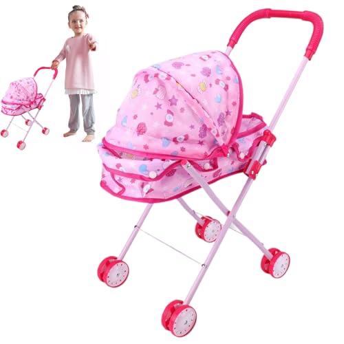 Rouloudun Puppenwagen-Cartoon-Muster Babypuppenstärker Kinderwagen Faltener Kinderwagen mit T-förmiger Sicherheitsgürtel & Push-Griff Abnehmbarer waschbarer Baby für Mädchen, so tun, DASS Spiele, S von Rouloudun
