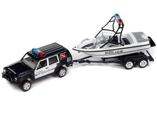 Cherokee XJ Black and White Miami Beach Police with Boat and Trailer Tow & Go Series Limited Edition to 3504 Pieces Worldwide 1/64 Diecast Model Car by Johnny Lightning JLBT018-JLSP352A von Round 2