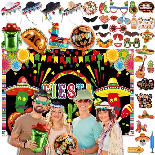 RoundFunny 40 Stück mexikanische Party-Dekorationen, einschließlich 4 Fiesta-Folienballons, 1 Pumpe, 4 Cinco De Mayo Sombrero Stirnband, Hüte, 30 Karnevals-Requisiten, 1 mexikanische von RoundFunny