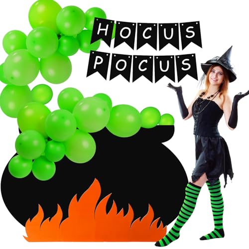 RoundFunny Halloween-Hexen-Auto-Dekorationsset enthält grüne Luftballons "Hocus Pocus" Banner, magische Kessel, Flamme, Halloween-Party-Dekoration, Süßes oder Saures, Hexen-Partyzubehör für Auto von RoundFunny