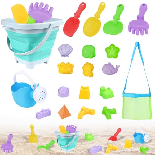 Rouzin 20 Pcs Sandspielzeug Strandspielzeug für Kinder, Reise Sandspielzeug Set, Kinder Sandkasten Sandförmchen mit Faltbares Eimer, Netzbeutel Strand Outdoor Spiele für 3+ Jahre Mädchen Junge von Rouzin