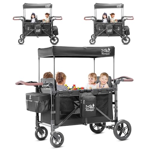 Bollerwagen Kinder 4 Sitzer,Premium Handwagen faltbar mit Dach Kinderwagen Baby-Bollerwagen mit Dach,abnehmbarem Tablett,5-Punkt-Gurt,verstellbarem Griff,hohem Sitz und großem Stauraum, schwarz von Rovique