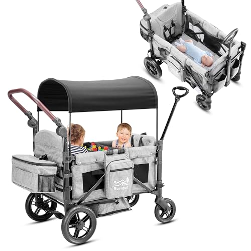 Bollerwagen faltbar mit Dach,Premium Bollerwagen für 2 Kinder Doppel-Kinderwagen Handwagen mit Dach,Snack Tablett,5-Punkt-Gurt,geländegängigen PU-Rädern Transportwagen Ziehen & Schieben,grau von Rovique
