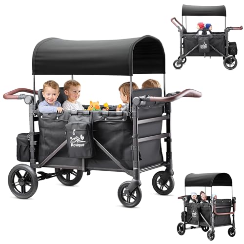 Bollerwagen faltbar mit Dach 4 Kinder,Handwagen faltbar Kinderwagen Baby Bollerwagen mit Dach,abnehmbarem Tablett,5-Punkt-Gurt,verstellbarem Griff,hohem Sitz und großem Stauraum, Schwarz von Rovique
