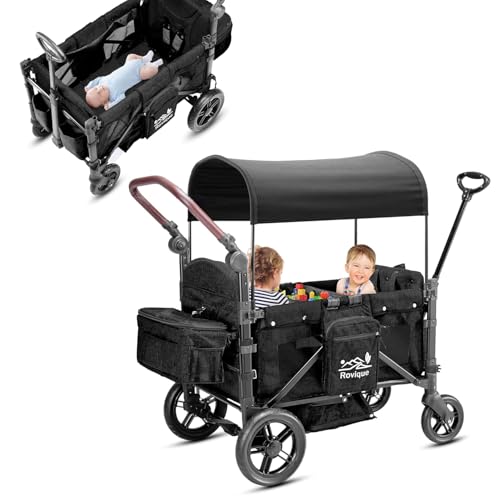 Bollerwagen falterbar mit Verstellbarem Sonnendach–2-Sitzer Bollerwagen,Kinderwagen 5-Punkt-Gurt,Höhenverstellbarer Griff, Schiebe-Ziehfunktion, PU-Räder mit Bremsen, Aufbewahrungstasche, Schwarz Bollerwagen falterbar mit Verstellbarem Sonnendach–2-Sitzer Bollerwagen,Kinderwagen 5-Punkt-Gurt,Höhenverstellbarer Griff, Schiebe-Ziehfunktion, PU-Räder mit Bremsen, Aufbewahrungstasche, Schwarz von Rovique