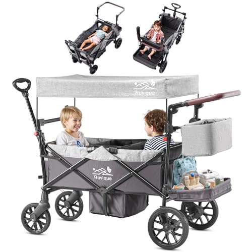 Bollerwagen für 2 Kinder, faltbarer Kleinkinderwagen mit Dach und abnehmbarem Tablett,Tür mit Reißverschluss,5-Punkt-Gurt, verstellbarer Griff, Bollerwagen mit Sitz, Handwagen Ziehen & Schieben von Rovique