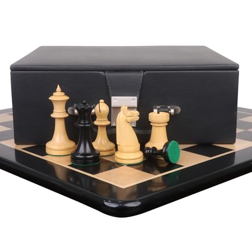Kombination aus einem Reproduktionsset der American Chess Company aus den 1900er Jahren – Figuren aus Ebenholz mit Schachbrett und Aufbewahrungsbox von Royal Chess Mall