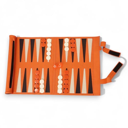 Royal Chess Mall Handgefertigtes Roll-Up-Backgammon-Set aus Kunstleder – tragbares Reisebrettspiel in Orange von Royal Chess Mall