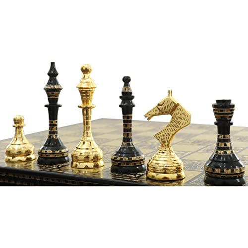 Sowjetisch inspiriertes Schachfiguren und Brett-Set, Messing, Metall, 35,6 cm, Schwarz und Gold, einzigartige Kunst von Royal Chess Mall