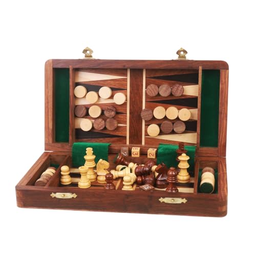 RoyalChessMall - 2 in 1 magnetisches Reiseschach- und Backgammon-Set aus goldenem Rosenholz, 25 cm von RoyalChessMall