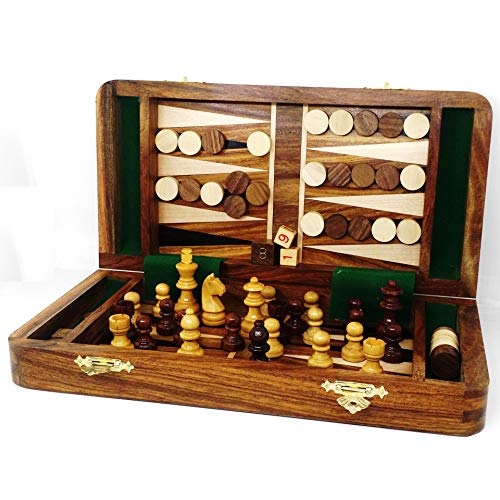 RoyalChessMall - 2 in 1 magnetisches Reiseschach- und Backgammon-Set aus goldenem Rosenholz, 25 cm von RoyalChessMall