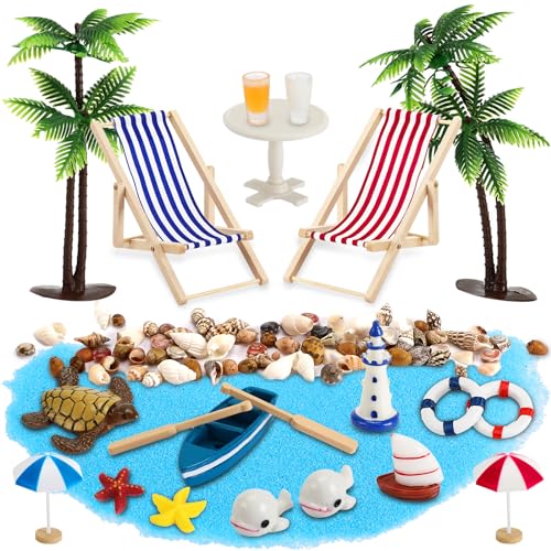 Royouzi 27 Stück Strand-Mikrolandschaft Mini-Stranddekorationen Miniatur Dekoration Mini Liegestuhl Deko Strandkorb Sonnenschirm Kleine Palme Deko Accessoires für DIY Zen Garten Dekoration (A) von Royouzi