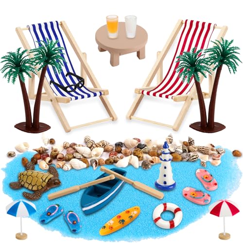 Royouzi 27 Stück Strand-Mikrolandschaft Mini-Stranddekorationen Miniatur Dekoration Mini Liegestuhl Deko Strandkorb Sonnenschirm Kleine Palme Deko Accessoires für DIY Zen Garten Dekoration (B) von Royouzi