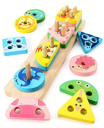 Royouzi Montessori Spielzeug ab 1 2 3 Jahre, Sortier- und Stapelspielzeug aus Holz für Kleinkinder, Pädagogisches Sensorisches Spielzeug für Baby-Jungen & Mädchen, Farberkennung Formsortierer von Royouzi