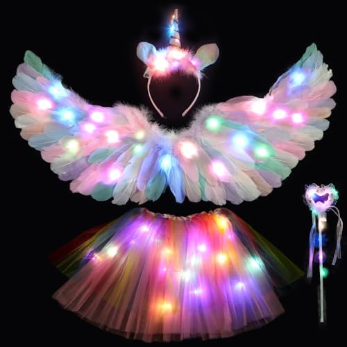 Rppiup Leuchtendes Feen Kostüm Kinder, Leuchtendes Einhorn Kostüm Kinder mit Federflügeln, LED Tutu Rock, Zauberstab, Einhorn Stirnband, Kinderkostüm für Halloween, Weihnachten, Karnevalsparty Rppiup Leuchtendes Feen Kostüm Kinder, Leuchtendes Einhorn Kostüm Kinder mit Federflügeln, LED Tutu Rock, Zauberstab, Einhorn Stirnband, Kinderkostüm für Halloween, Weihnachten, Karnevalsparty von Rppiup