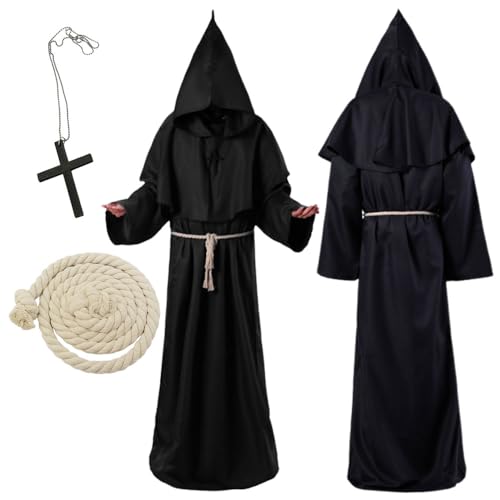 Rppiup Mönch Kostüm Erwachsene, Halloween Kostüm Mönch Robe Mittelalter Kostüm mit Großer Kapuze Umhang, Seilgürtel und Kreuz Halskette, Zauberer Robe, Renaissance Priester Robe für Halloween Karneval Rppiup Mönch Kostüm Erwachsene, Halloween Kostüm Mönch Robe Mittelalter Kostüm mit Großer Kapuze Umhang, Seilgürtel und Kreuz Halskette, Zauberer Robe, Renaissance Priester Robe für Halloween Karneval von Rppiup