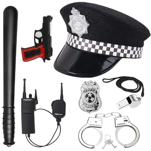 Rppiup Polizei Kostüm Kinder, 7 Stück Handschellen Kinder Police Set, Polizeikostüm Ausrüstung Inklusive Mütze Handschellen Abzeichen Und Anderes Zubehör für Jungen Mädchen Halloween Karneval von Rppiup