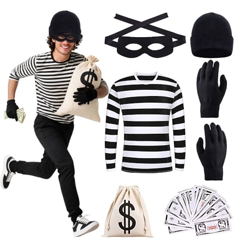Rppiup Räuber-Kostüm für Erwachsene, 6-teiliges Kostüm für Polizisten und Räuber, Halloween, Kostüm für Erwachsene, mit gestreiftem T-Shirt, Räubermaske, Handschuhe, Hut, Leinentasche und Bargeld für Rppiup Räuber-Kostüm für Erwachsene, 6-teiliges Kostüm für Polizisten und Räuber, Halloween, Kostüm für Erwachsene, mit gestreiftem T-Shirt, Räubermaske, Handschuhe, Hut, Leinentasche und Bargeld für von Rppiup