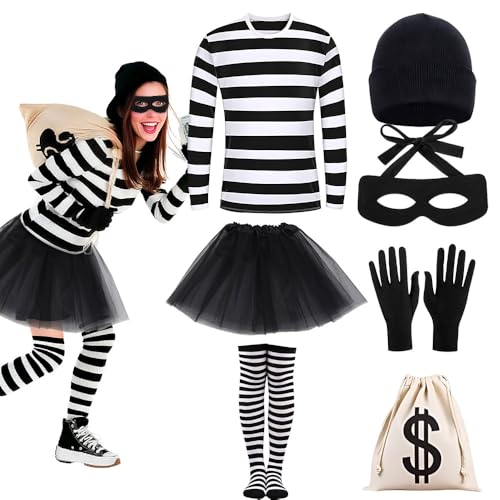 Rppiup Räuber-Kostüm für Erwachsene, 7-teiliges Kostüm für Polizisten und Räuber, Halloween, Kostüm für Erwachsene, mit gestreiftem T-Shirt, Strümpfen, Rock, Räubermaske, Handschuhe, Hut, Leinentasche Rppiup Räuber-Kostüm für Erwachsene, 7-teiliges Kostüm für Polizisten und Räuber, Halloween, Kostüm für Erwachsene, mit gestreiftem T-Shirt, Strümpfen, Rock, Räubermaske, Handschuhe, Hut, Leinentasche von Rppiup