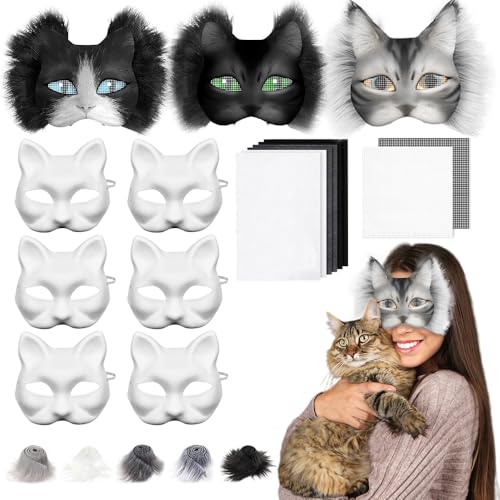 Rppiup Therian Mask Set, Katzenmasken zum Bemalen mit Blanko Katzenmaske, Kunstpelz, Augennetz und Filztuch, Weißes DIY Masken zum Anmalen für Halloween, Karneval und Make up Cosplay Party Rppiup Therian Mask Set, Katzenmasken zum Bemalen mit Blanko Katzenmaske, Kunstpelz, Augennetz und Filztuch, Weißes DIY Masken zum Anmalen für Halloween, Karneval und Make up Cosplay Party von Rppiup