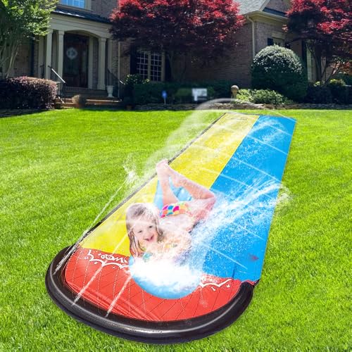 Rppiup Wasserrutsche Garten, 6,1 * 1,4M Doppel Wasserrutschmatte, Wasserspielzeug Kinder Outdoor mit 2 Surfboard, Rasen Wasserrutsche Rutschmatte mit Sprinkler, Wasserbahn Duell für Garten Rasen von Rppiup