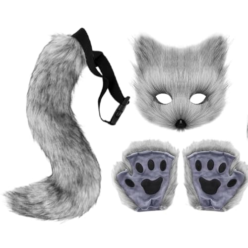 Rppiup Wolf Kostüm Kinder Erwachsene, Faux Furry Fox Wolf Cosplay Set mit Pelzmaske, pelzigen Pfoten, Wölfen Ohren und Schwanz, Kunstpelze Fuchsschwanz Cosplay Tierkostüm, Halloween Weihnachten Party von Rppiup